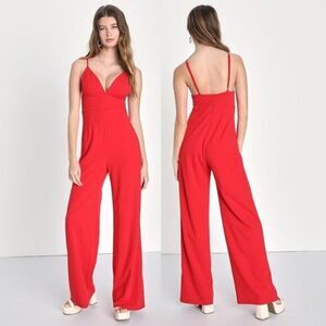 Lulus Women's Red V-Neck Bodice‎ Wide-Leg Lined Jumpsuit
